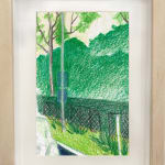 framed drawing - sketch lush greenery and a black fence