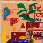 Painting of a plant in a clear circular vase, you can see all of the roots in the water in the vase. Behind the vase is a tapestry or rug with an indigenous design in yellow, blue and red.
