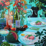 lush table scape featuring many plants and flowers, two dinner plates, and a black and white dog by Nicholas Bono Kennedy