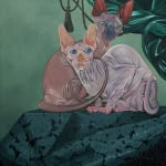 Oil painting portrait of two hair-less cats, one with blue eyes and the other with green eyes cuddling on a teal silk backdrop by Sabrina Bockler
