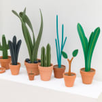 Jeff Canham wooden plant sculpture in a terra cotta pot - in a cluster on a shelf