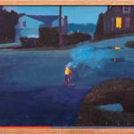 Painting of a firework going off in the middle of a street with several houses surrounding it