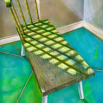 painting of a wood bench illuminated with rays of green light