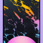 yellow, pink, and blue backgroudn with black splatter type pattern covering it and a pink half circle on the bottom