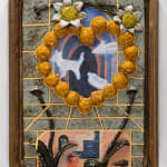 Gustav Hamilton "The fruit bowl at sugar island" multimedia piece of textured shapes in earth tones in a rounded brown frame