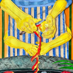 detail shot of artwork by Pat Perry of a figure in blue with four yellow arms peeling an apple with an orange and green striped background