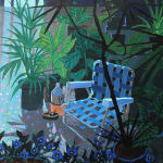 painting of an exterior space full of plants and a blue folding chair by Nicholas Bono Kennedy