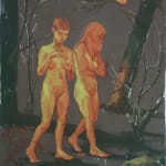 painting sketch of two nude girls walking through the woods