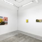 Installation view of Angela Burson's exhibition "Close Encounters" at Hashimoto Contemporary San Francisco depicting (from left to right): "Wednesday," "News," and "Ghost Feet"