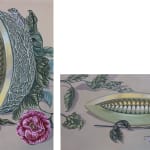 Sabrina Bockler painting of melons in muted tones, blue gray, green, pink and purple florals below