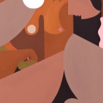 Abstract painting of a woman hunched over with her arm over her neck.