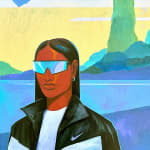 painted portrait of a person with slick straight hair and sun glasses wearing a white and black Nike track suit by Dennis Brown