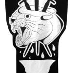 embroidered black and white banner of a panther's head pierced with three swords