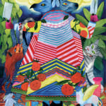 abstract water color and gouache painting of a figure holding a cleaver, shears with various animals at its feet by Stacey Rozich