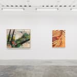 Installation view of The Jaunt: Winter Camp group exhibition at Hashimoto Contemporary San Francisco. From left to right: Seonna Hong's painting "Rest as an Act of Defiance," and Genevieve Cohn's painting "To Hold, To Harbor."