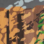 Detail of Natalia Juncadella painting of wooden fence with shadows cast over it and orchid