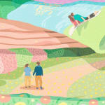 Danym Kwon - details of the painting "You Smiled, and Sparkling Light Shined On the Water". On the clothes painted a couple wandering in nature and another couple sitting by the lake.