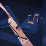 Still life painting of a hand turning of an alarm on an iPhone. There is a book and a lit incense on an incense holder on the table as well.