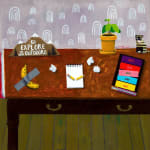 Still-life painting of a desk with a notebook, book, plant, and other miscellaneous objects by Gabe Langholtz
