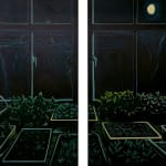 Grace Tobin painting of greenhouse at night. Window in background, moon visible in background, watering can in foreground