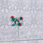Painting of red flowers in a clear vase on a surface that blends into the walls in the back. The walls and flat surface are covered in a white and gray design.