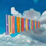 Painting of clouds with the words "Human Fucking Knowledge" in the middle in multicolor
