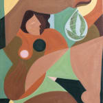 Abstract painting of a woman holding a bag of plantains