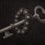 Angela Fang Zirbes painting of skeleton key and beaded bracelet