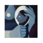 Painting by Liz flores of a womans profile held by two hands in blue scale