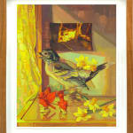 framed still Life painting of a shelf with flowers and a bird