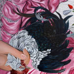 Detail photograph of the rooster with black and white feathers by Sabrina Bockler