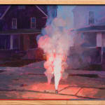 Painting of a firework going off on the sidewalk in front of two houses with bright pink light