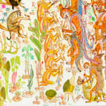 Detail shot of a painting by Mu Pan of creatures, animals and human hybrids eating, sleeping, killing, flying and climbing