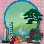 painting of plants, candles, fruit and mystical objects in front of window looking out onto a mountain