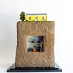 miniature diorama by Abigail Goldman of an underground murder bunker beneath a yellow suburban home