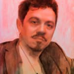 Portrait of a man with facial hair, dark hair and eyes with a open coat and a long necklace on an orange background.