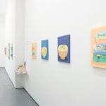White gallery wall with various paintings by Danym Kwon