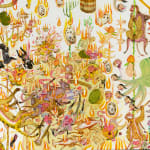 Detail shot of a painting by Mu Pan of creatures, animals and human hybrids eating, sleeping, killing, flying and climbing