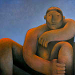 Carlos Rodriguez - painting of a nude man sitting with his left arm leaning against his knee. the background is painted blue.