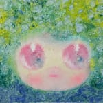 Painting of a face with large pink eyes and a green hood around its face