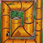 Paul Gagner painting of a telescope bent in a spiral looking at a spider