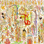 Mu Pan painting of animals and human hybrid creatures eating, fighting, sleeping, etc