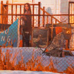 Painting of two almost identical houses in the snow. In front of one of the houses is a girl in all black holding a sign and another person on their knees in the snow holding a cross bow.