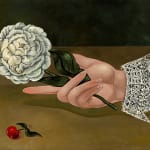Painting of a hand holding a large white flower with a cherry besides it by Sabrina Bockler