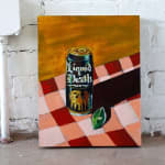 Painting of a Liquid Death can and a lime on a table with a checkered red and pink table clothe