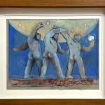 sketch of three men waking with one holding an orb