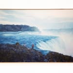 Pat Perry - painting of expansive waterfall and small figures at edge of shore along misty waterfall