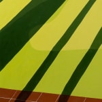 detail of Natalia Juncadella painting of white fence and grass with shadows cast over it