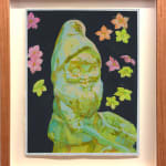 painting of a yellow and blue toned gnome figure with flowers around it on a dark background