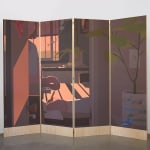 painting on a wooden room divider by artist Adrian Kay Wong depicting layered composition of an interior setting with two individuals sitting at a table, obscured by a partially opened door and door frame respectively. Visible are a white orchid plant, and a potted plant
